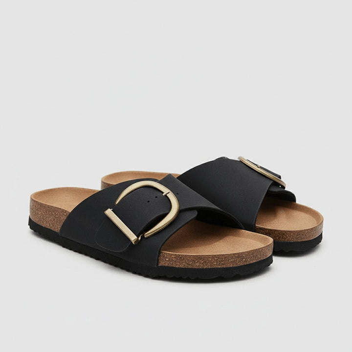 Bella | Refined Wide Strap Buckle Flat Sandals