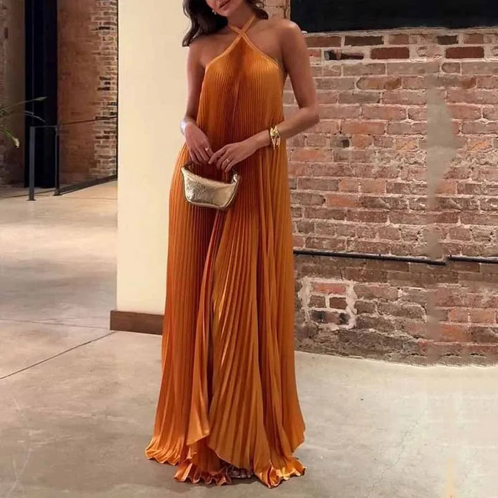 Bella | Sophisticated Pleated Halter Neck Maxi Races Dresses