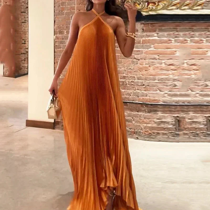 Bella | Sophisticated Pleated Halter Neck Maxi Races Dresses