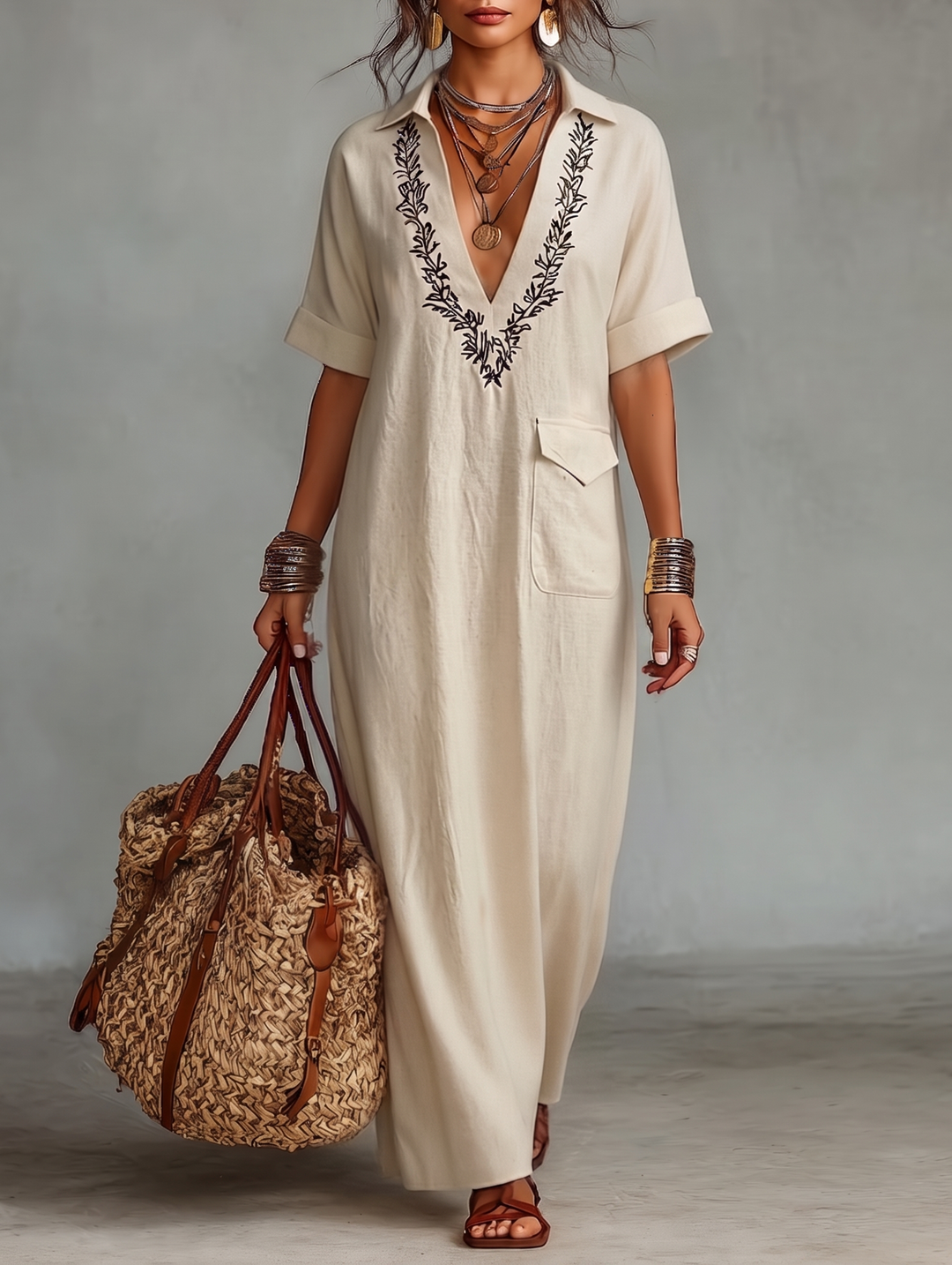 Bella | Timeless Embroidered V-Neck Boho Linen Dress