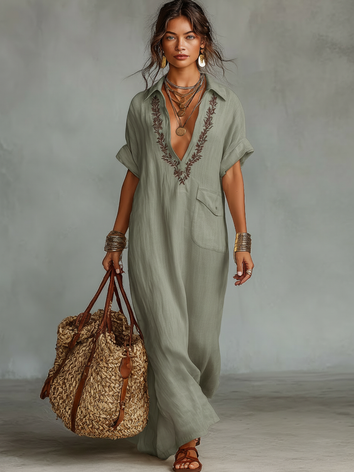 Bella | Timeless Embroidered V-Neck Boho Linen Dress