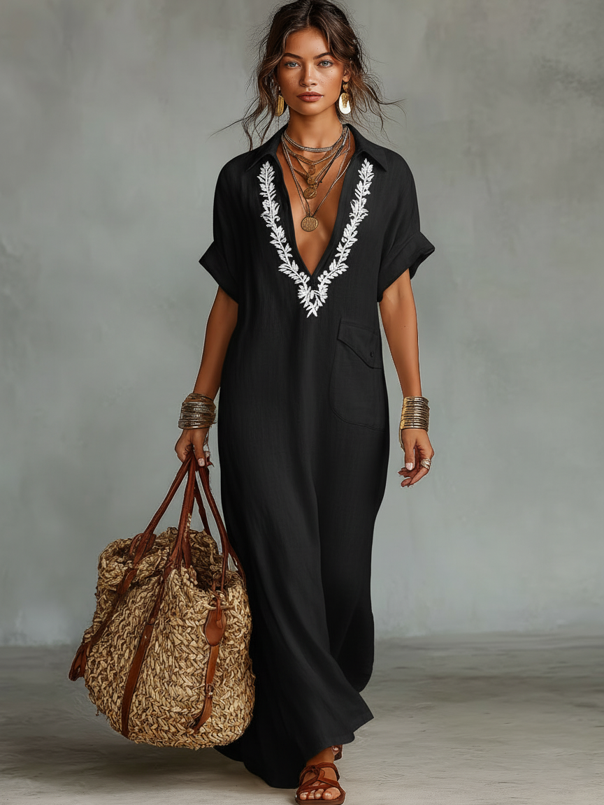 Bella | Timeless Embroidered V-Neck Boho Linen Dress