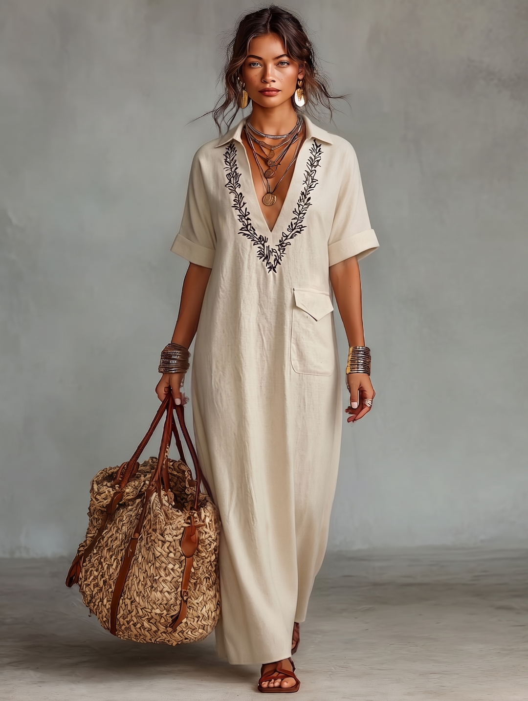 Bella | Timeless Embroidered V-Neck Boho Linen Dress