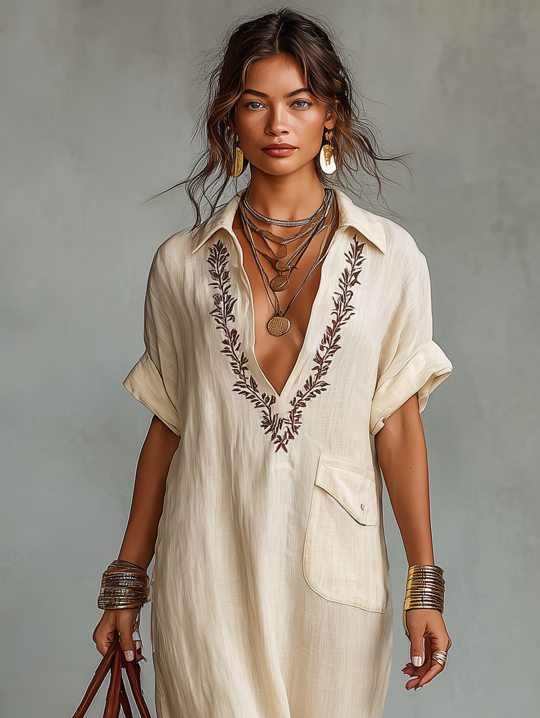 Bella | Timeless Embroidered V-Neck Boho Linen Dress
