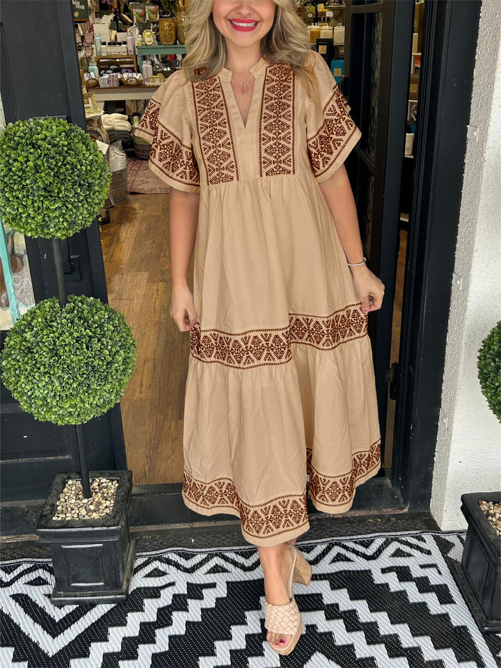 Billie | Chic Embroidered Boho Dress with Tiered Maxi Skirt