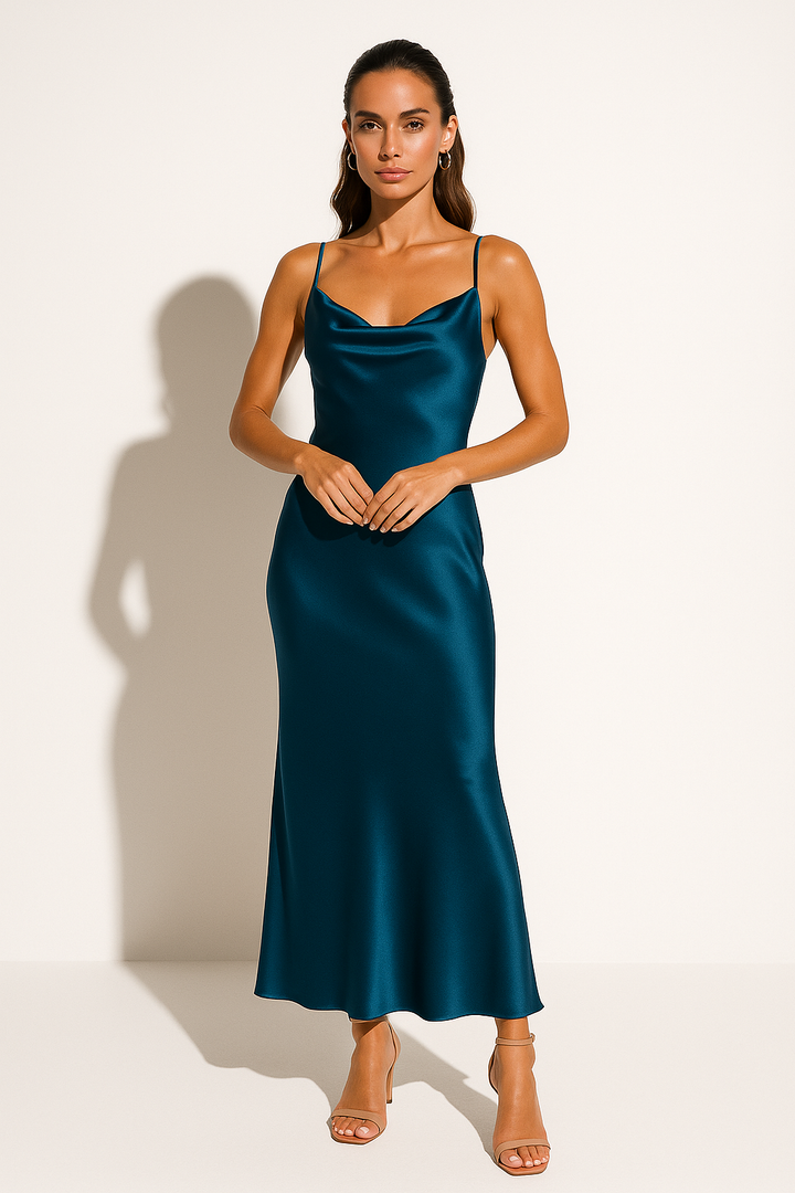 Billie | Refined Draped Satin Cocktail Midi Dress