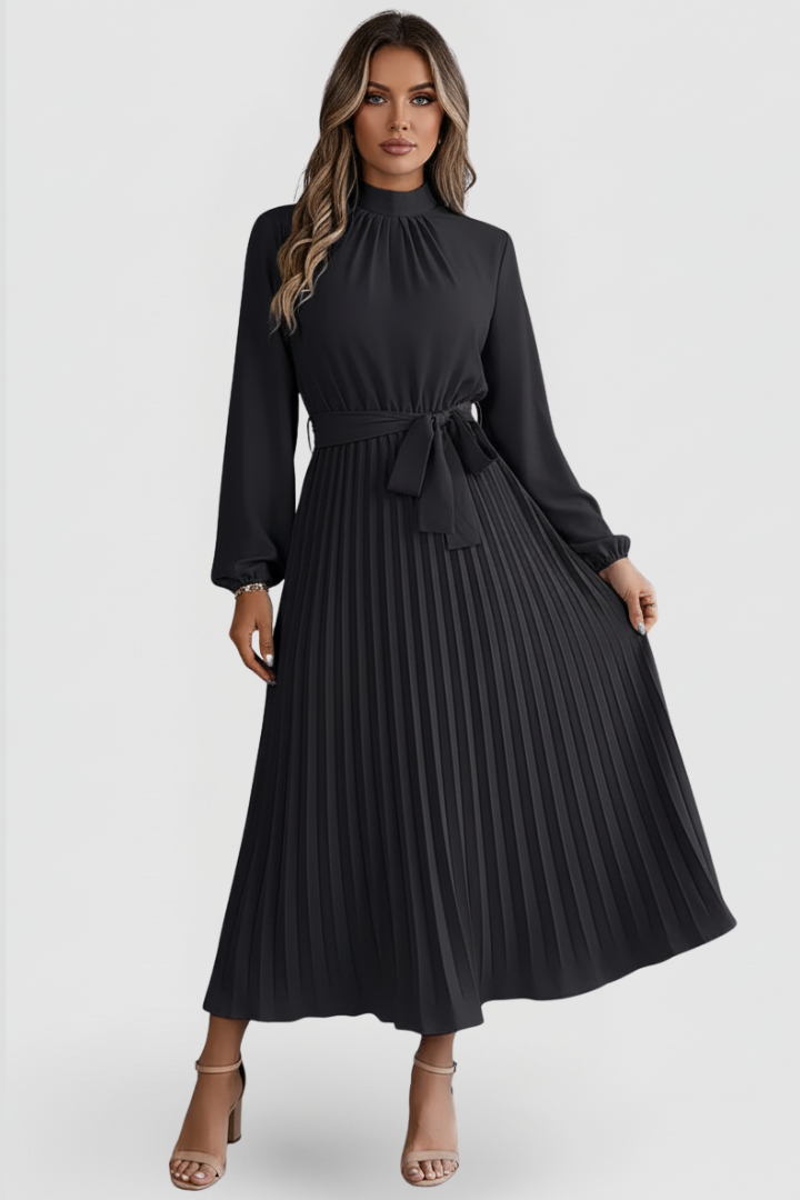 Billie | Refined Pleated Mock Neck Midi Race Dress
