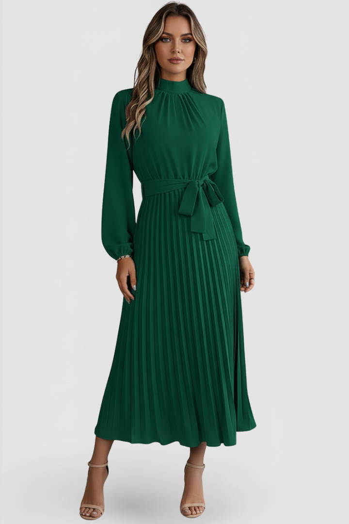 Billie | Refined Pleated Mock Neck Midi Race Dress