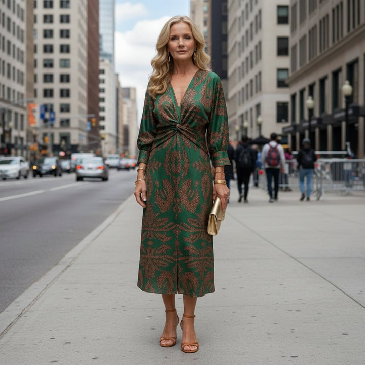 Billie | Sophisticated Paisley Twist Front Midi Party Dress