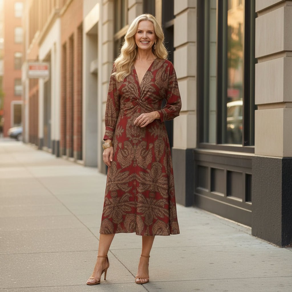 Billie | Sophisticated Paisley Twist Front Midi Party Dress