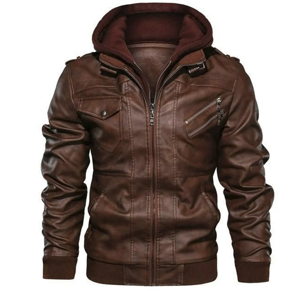 Bodhi | Elegant Hooded Bomber Leather Jacket with Removable Hood