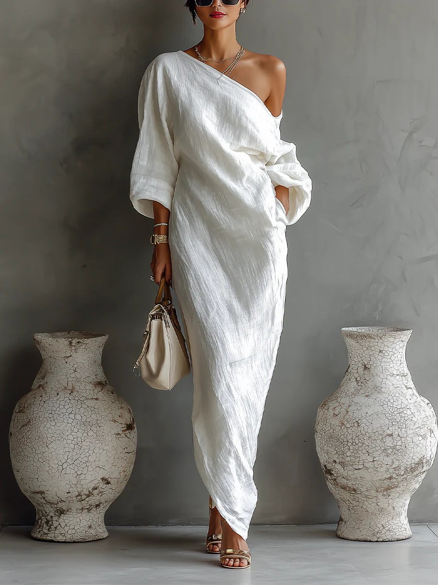 Bonnie | Elegant Off-Shoulder Batwing Sleeve Linen Maxi Dress