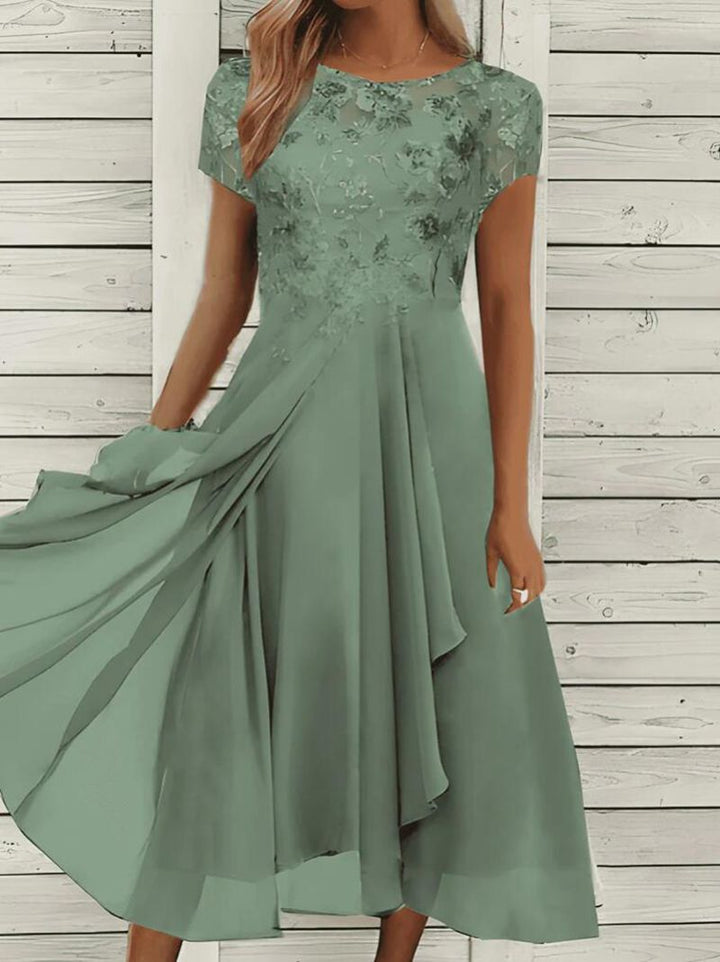 Charlie | Elegant Floral Lace Midi Dress with Flowing A-Line Skirt