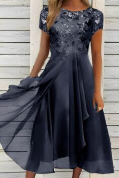 Charlie | Elegant Floral Lace Midi Dress with Flowing A-Line Skirt