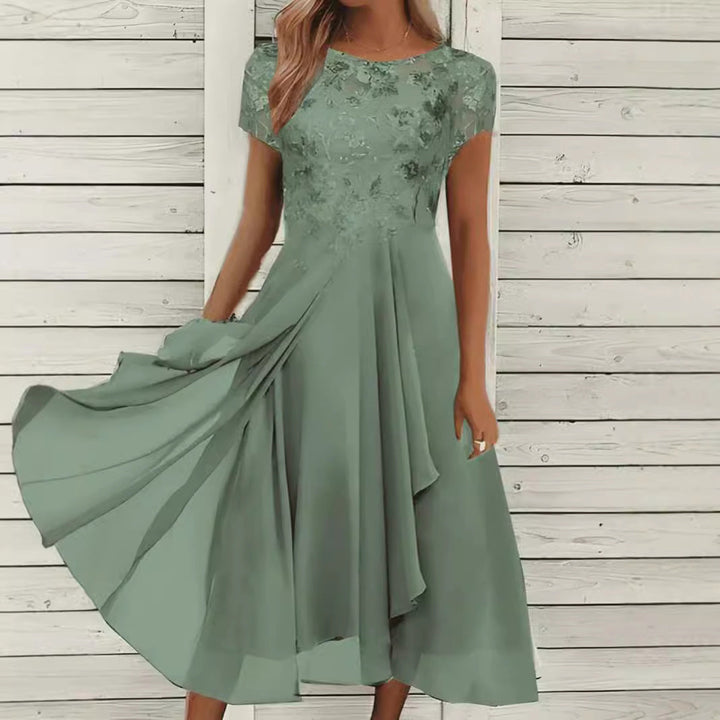Charlie | Elegant Floral Lace Midi Dress with Flowing A-Line Skirt