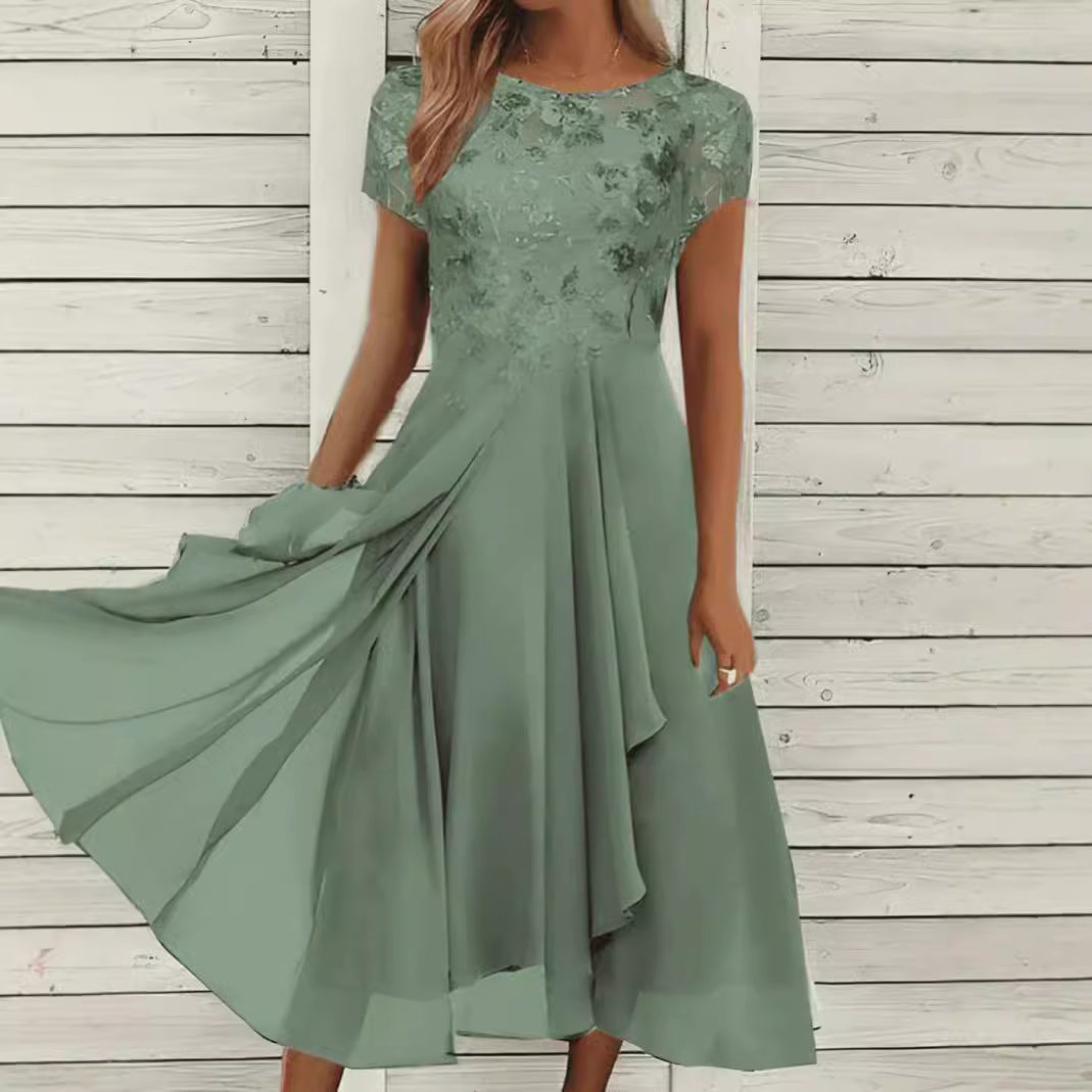 Charlie | Elegant Floral Lace Midi Dress with Flowing A-Line Skirt