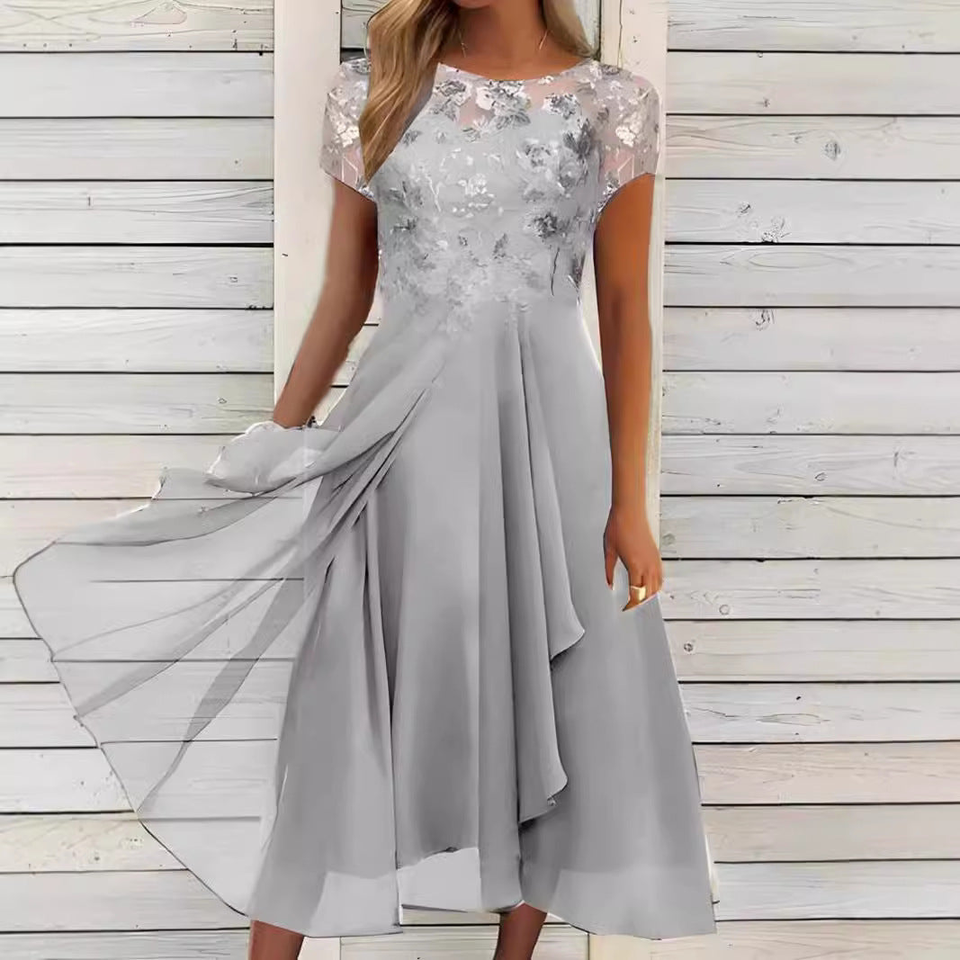 Charlie | Elegant Floral Lace Midi Dress with Flowing A-Line Skirt