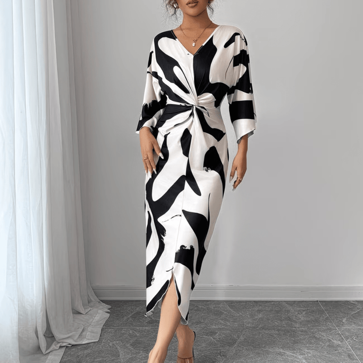Charlie | Refined Abstract Print Twist Waist Midi Summer Dresses