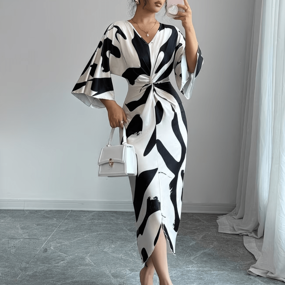Charlie | Refined Abstract Print Twist Waist Midi Summer Dresses