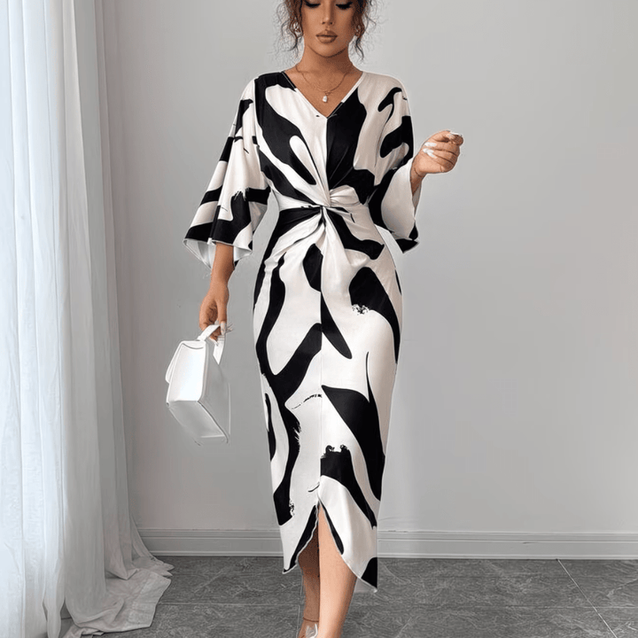 Charlie | Refined Abstract Print Twist Waist Midi Summer Dresses