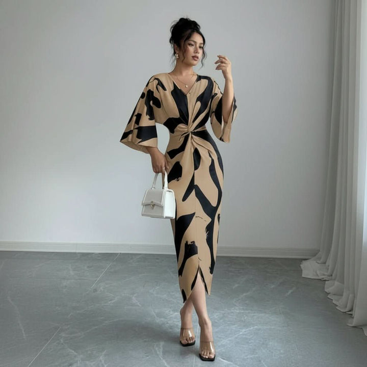 Charlie | Refined Abstract Print Twist Waist Midi Summer Dresses