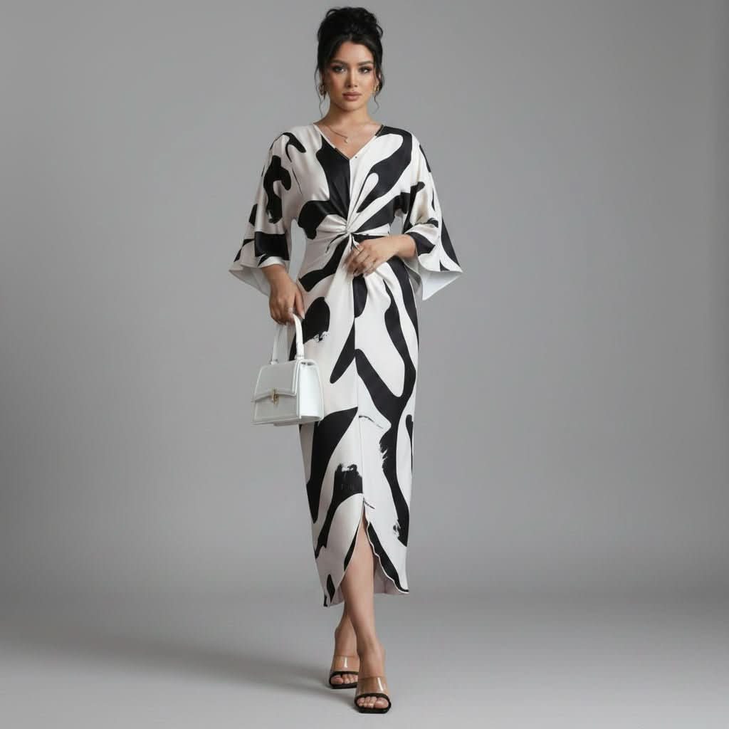 Charlie | Refined Abstract Print Twist Waist Midi Summer Dresses