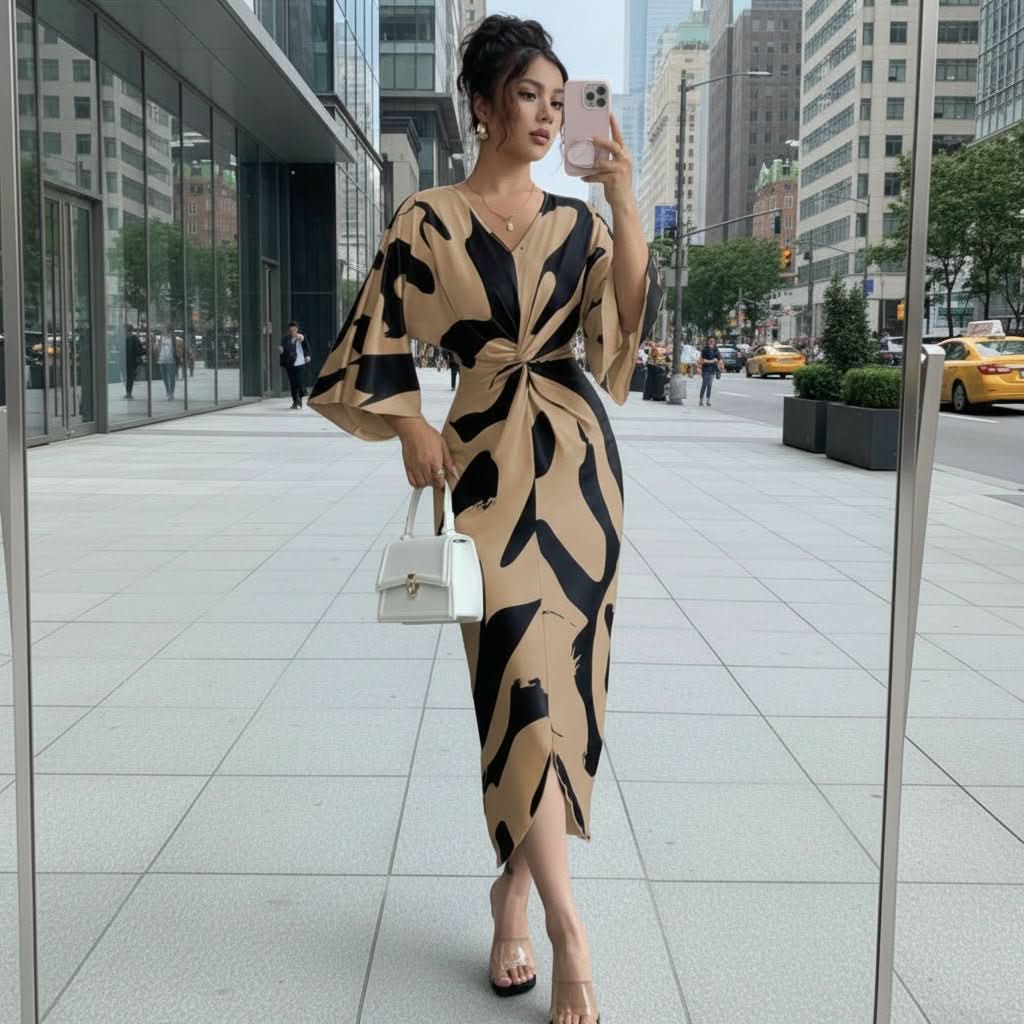Charlie | Refined Abstract Print Twist Waist Midi Summer Dresses
