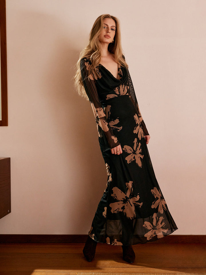 Charlie | Sophisticated Floral Print Long Sleeve Formal Maxi Dress
