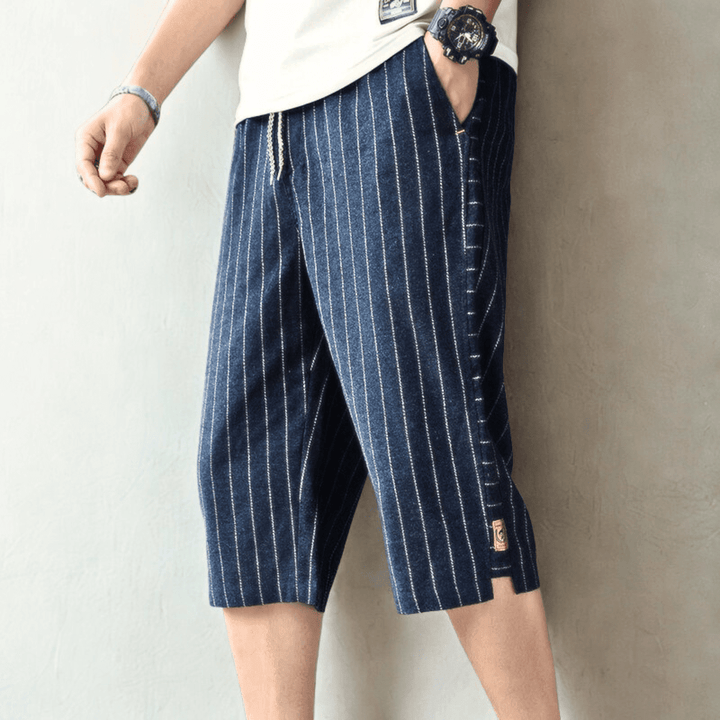 Charlie | Striped Wide Leg Knee Length Linen Shorts