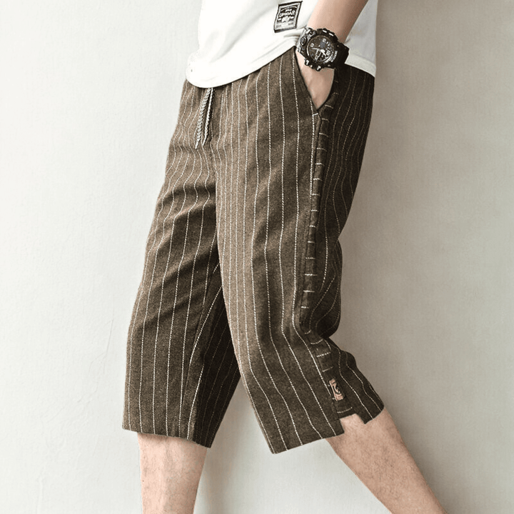 Charlie | Striped Wide Leg Knee Length Linen Shorts