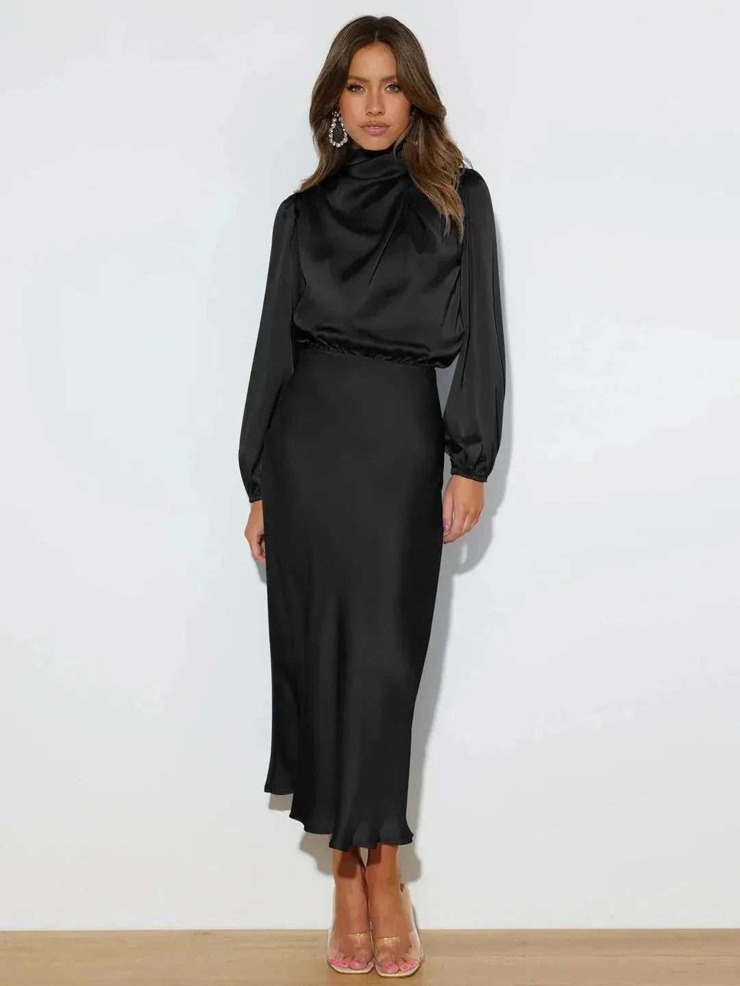 Charlotte | Classic Draped High Neck Cocktail Midi Dress