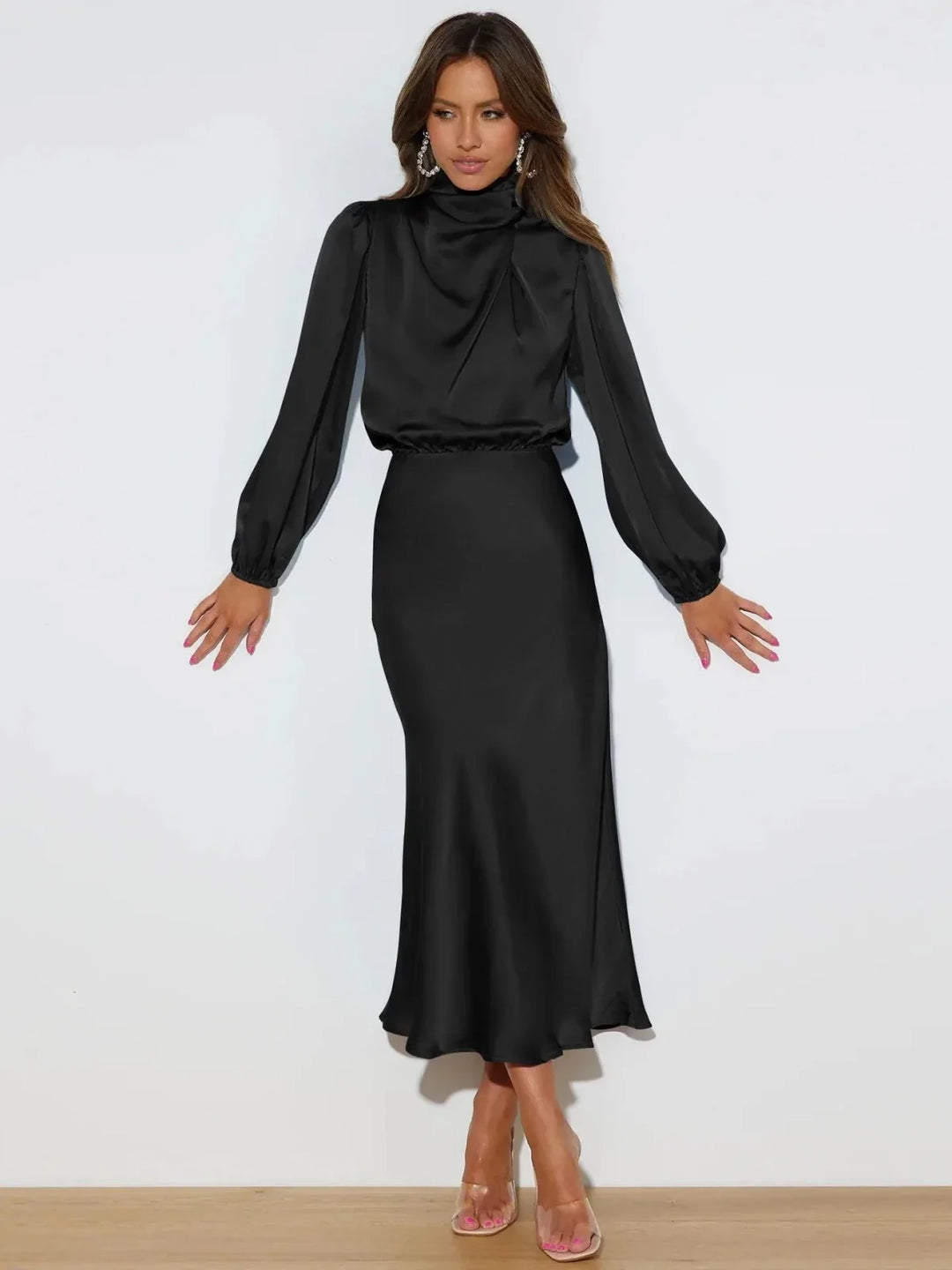 Charlotte | Classic Draped High Neck Cocktail Midi Dress