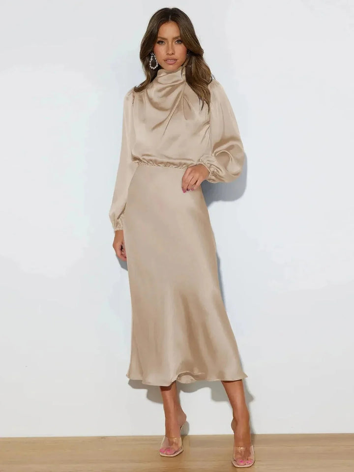 Charlotte | Classic Draped High Neck Cocktail Midi Dress
