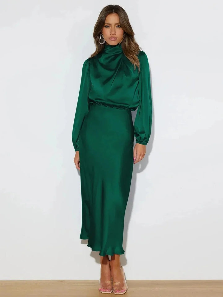 Charlotte | Classic Draped High Neck Cocktail Midi Dress