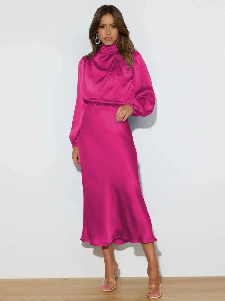 Charlotte | Classic Draped High Neck Cocktail Midi Dress