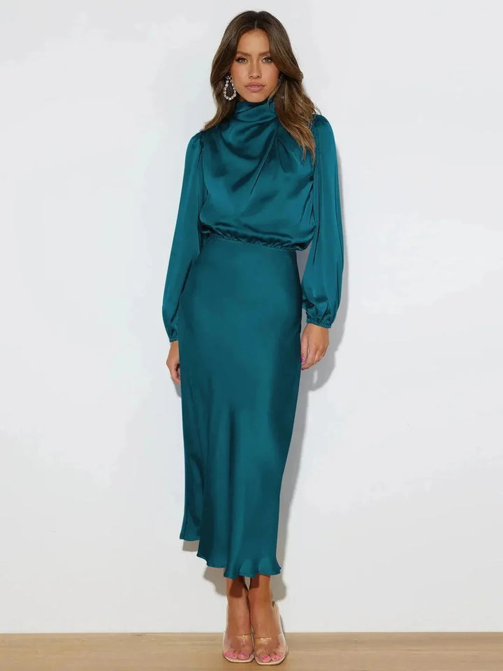Charlotte | Classic Draped High Neck Cocktail Midi Dress