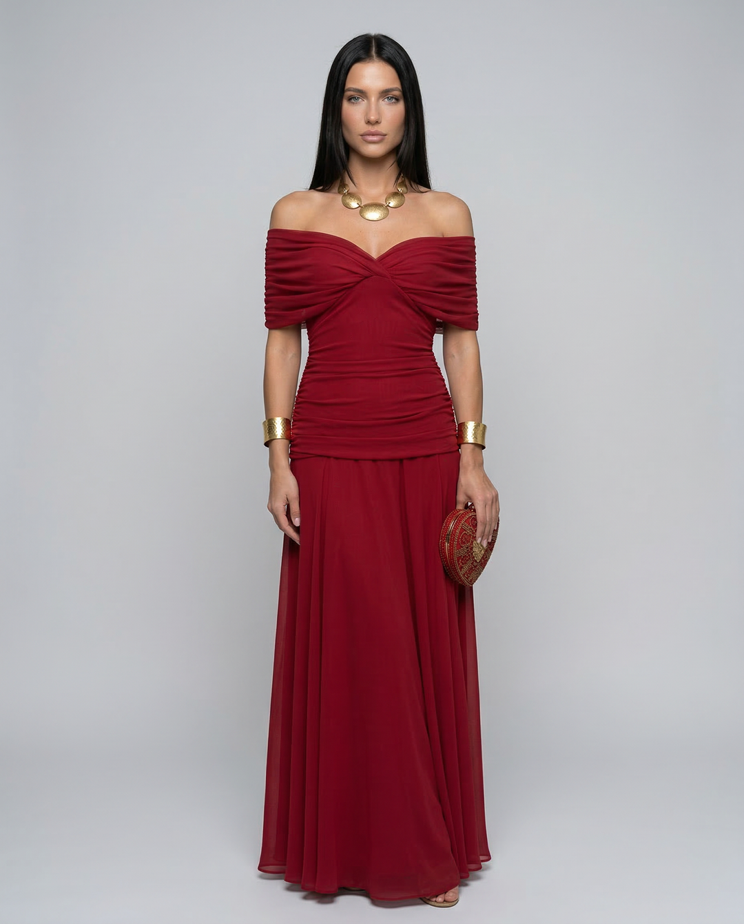Charlotte | Cosy Off-Shoulder Ruched Races Maxi Dress