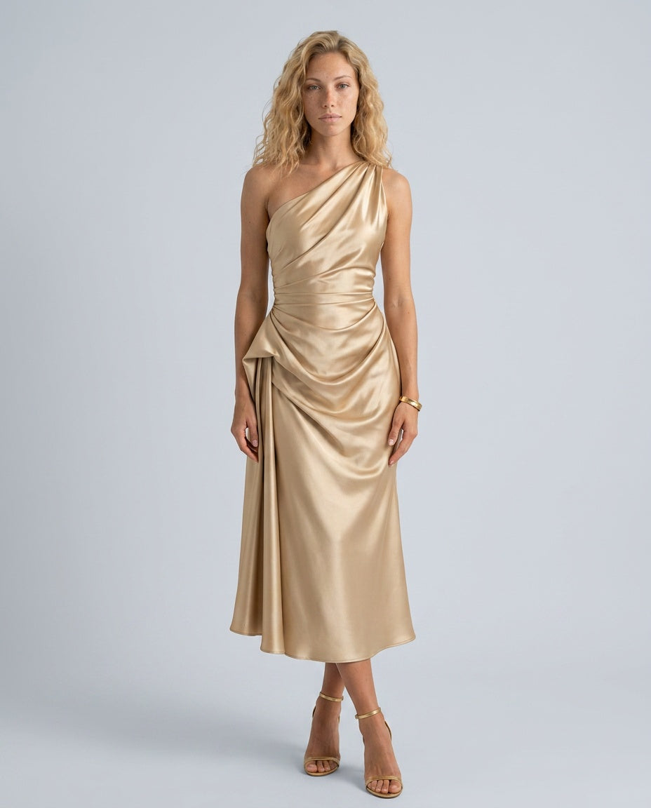 Charlotte | One Shoulder Draped Midi Party Dress