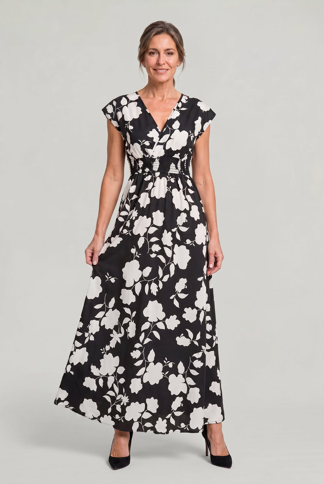 Charlotte | Polished Floral Print V-Neck Maxi Races Dress