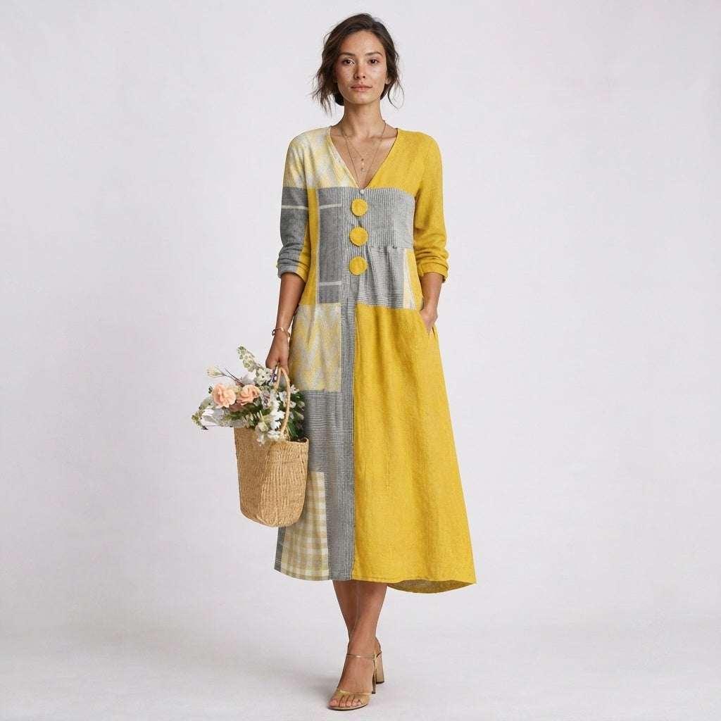 Charlotte | Relaxed V-Neck Patchwork Midi Summer Dresses