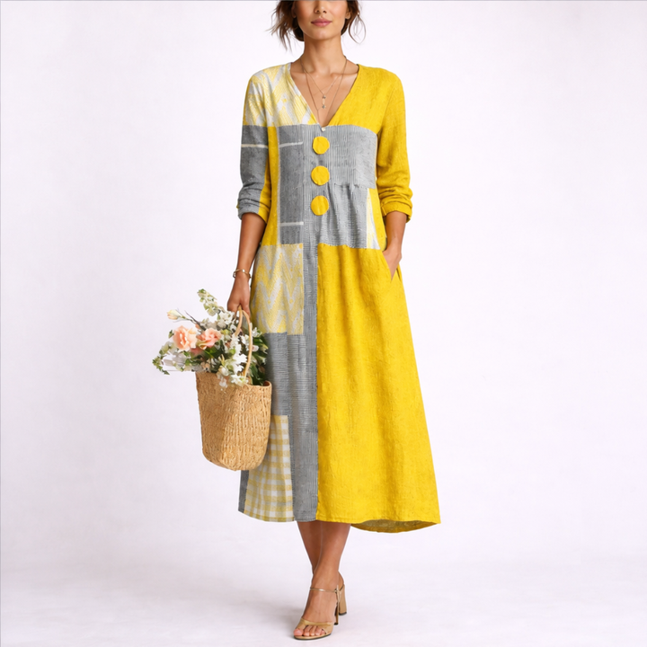 Charlotte | Relaxed V-Neck Patchwork Midi Summer Dresses
