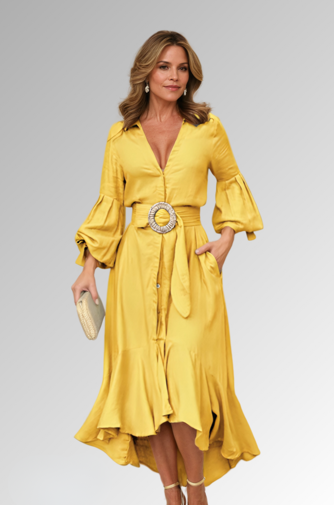 Chloe | Belted Puff Sleeve A-Line Midi Dress