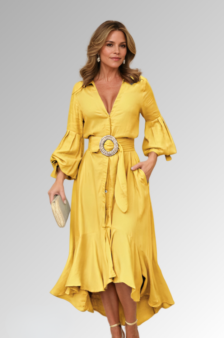 Chloe | Belted Puff Sleeve A-Line Midi Dress