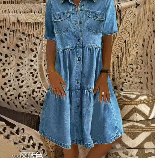 Chloe | Chic Button-Front Tiered Denim Shirt Dress