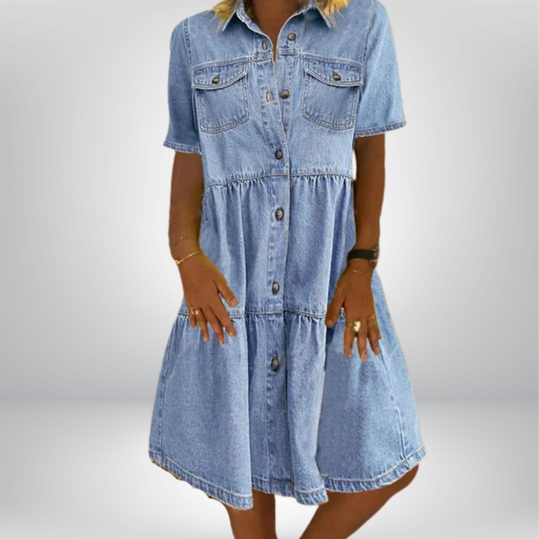 Chloe | Chic Button-Front Tiered Denim Shirt Dress