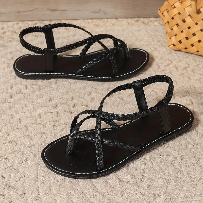 Chloe | Elegant Braided Strappy Flat Sandals with Toe Ring