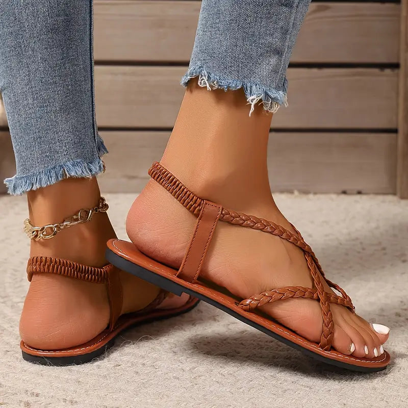 Chloe | Elegant Braided Strappy Flat Sandals with Toe Ring
