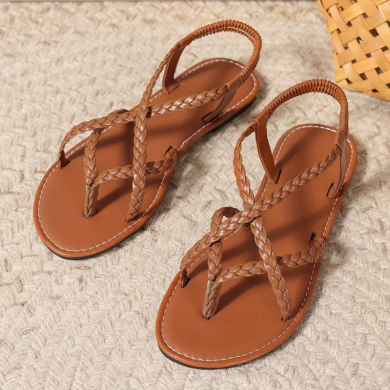 Chloe | Elegant Braided Strappy Flat Sandals with Toe Ring
