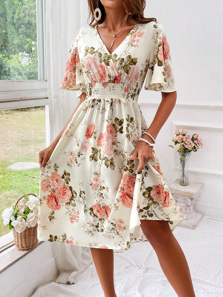 Chloe | Graceful Floral Midi Dress with Flutter Sleeves