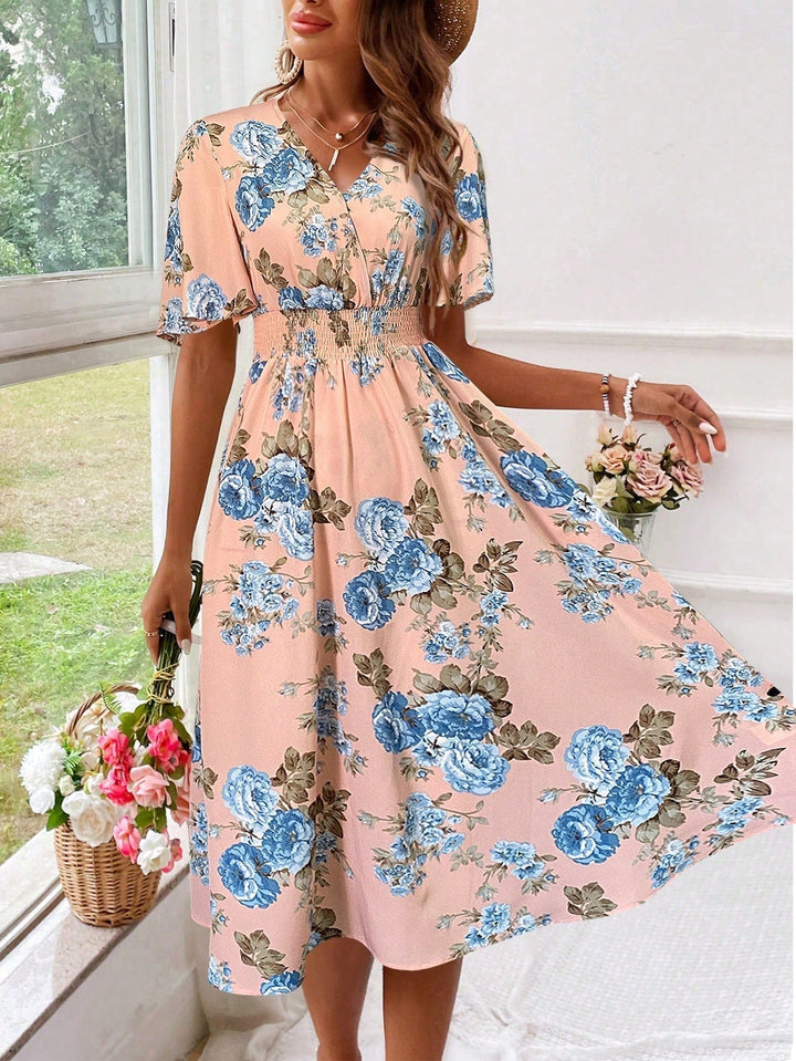 Chloe | Graceful Floral Midi Dress with Flutter Sleeves